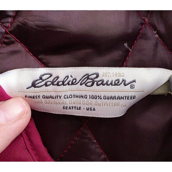 Eddie Bauer Size Large Red Goose Down Quilted Snap Up Collar Pockets Warm - Picture 2 of 8